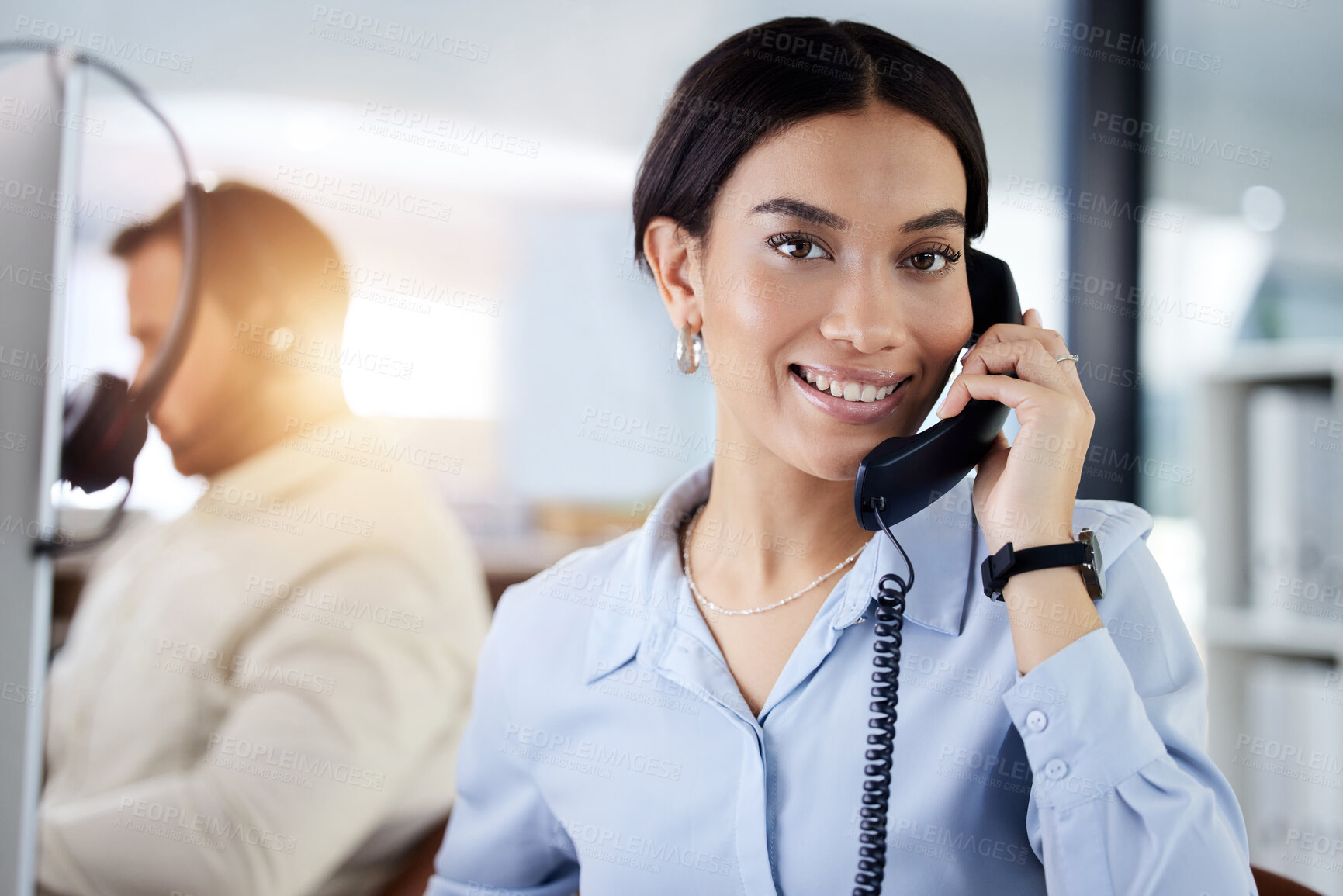 Buy stock photo Woman, telephone and help in customer care at call center for technical support with advice or feedback. Employee, portrait and contact us for problem solving chat, solution and consultation service
