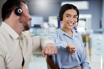 Buy stock photo Call center team, elbow bump and communication in office, hello or greeting with connection, contact and support. Help, advice and people with partnership in customer service, happiness and coworking