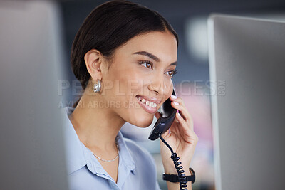 Buy stock photo Consultant, woman with a telephone and at her desk in a office at her workplace. Customer service or telemarketing, support or online communication and female call center agent smile at workstation