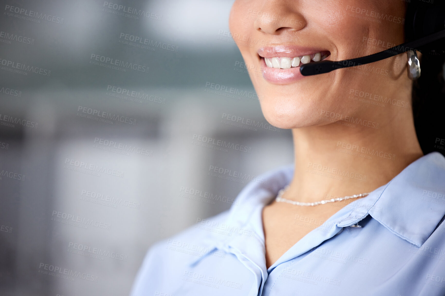 Buy stock photo Callcenter, mouth and microphone with woman for communication, CRM and contact us for customer service. Tech support, telemarketing and help desk consultant with advice, telecom and professional