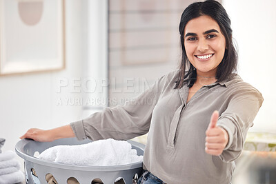 Buy stock photo Woman, portrait and laundry basket with thumbs up in house for cleaning, dust and tidy clothes. Indian housewife, happy and smile with bucket or hamper for housework, housekeeping and domestic work