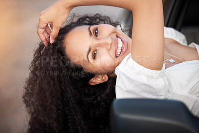 Buy stock photo Portrait, freedom and happy woman by car window for travel, vacation and relax on summer adventure outdoor. Face, excited girl and transportation for road trip, journey or tourist on drive in Dubai