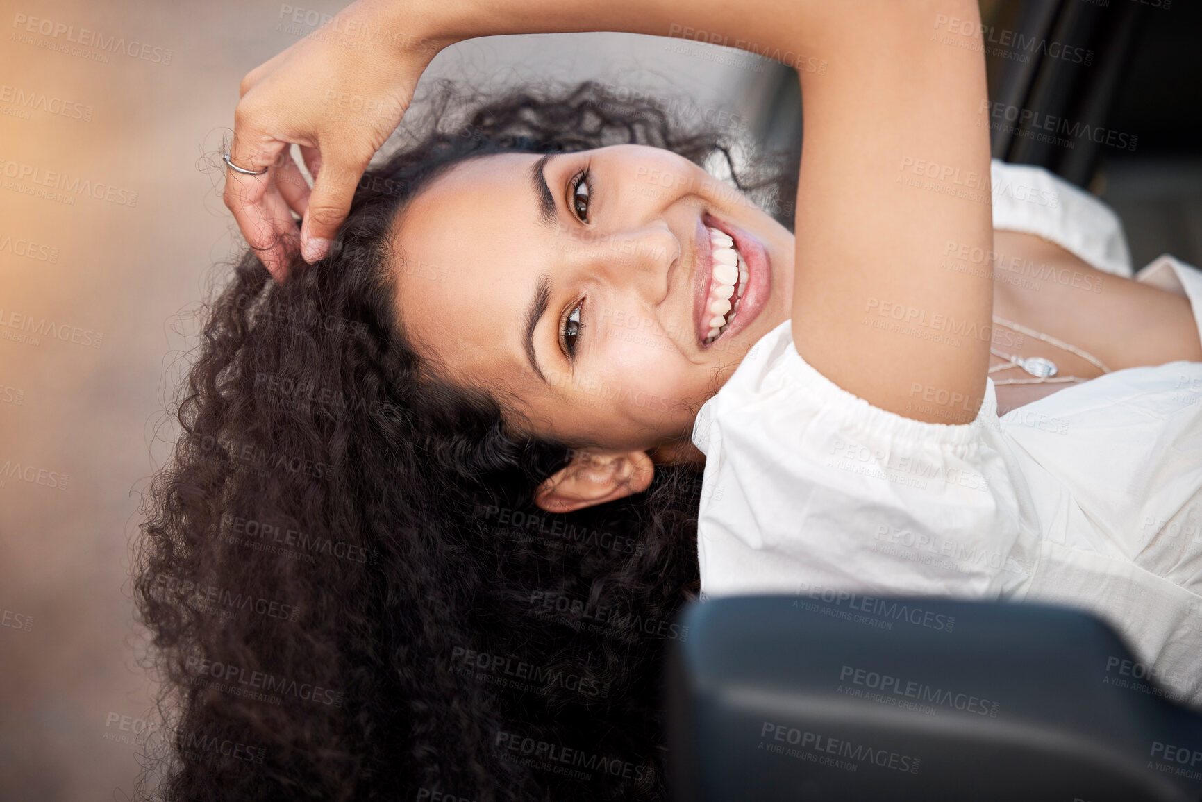 Buy stock photo Portrait, freedom and happy woman by car window for travel, vacation and relax on summer adventure outdoor. Face, excited girl and transportation for road trip, journey or tourist on drive in Dubai