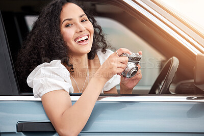 Buy stock photo Happy woman, memory and travel with camera in car for road trip, adventure or sightseeing journey. Female person, tourist or traveler with smile for photography, picture or outdoor moments to capture