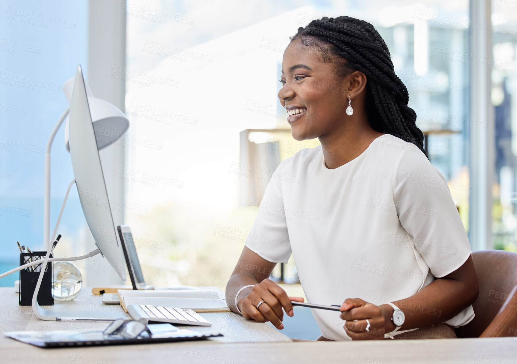 Buy stock photo African woman, office and computer for working, research and online report for web article. Reporter, technology and smile for startup, news agency or creative writing for New York affirmative action