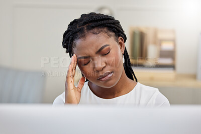 Buy stock photo Tired, black businesswoman and headache from stress, burnout and fatigue for mental health in office. Exhausted, female person and employee with computer, anxiety and depression from working overtime