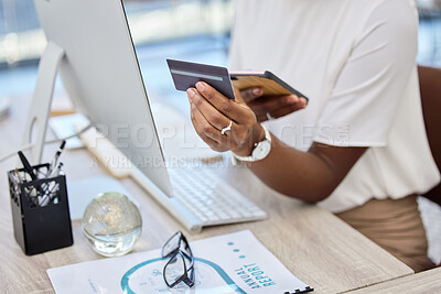 Buy stock photo Hands, phone or businesswoman with credit card for money investment on financial digital fintech in office. Mobile app, ecommerce payment or female employee typing banking data for online shopping 