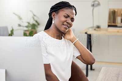 Buy stock photo Business woman, computer and frustrated hand on neck for tension, stress and angry working on project. Black person, pc and burnout in office for wellness, overwork or mental health and fatigue