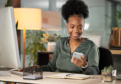 Buy stock photo Communication, smile and technology with business black woman at desk in office for administration or research. Laptop, notebook and phone with happy employee in workplace for mobile networking