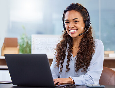 Buy stock photo Woman, laptop and call center agent with smile for customer service, crm and help or support. Sales representative, tech and telemarketing with portrait for communication, networking and negotiation