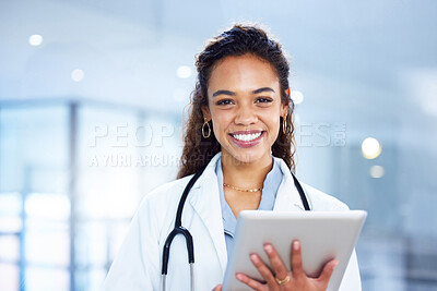 Buy stock photo Happy, woman and doctor with tablet in portrait for research, information and results as specialist in hospital. Female person, technology and surgeon for diagnosis or treatment with Telehealth