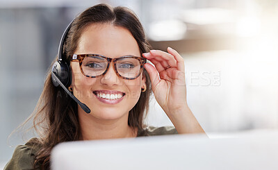Buy stock photo Agent, portrait and online technical support in call center with woman at computer to help or chat. Happy, consultant and contact us for telecom customer care, advice or virtual feedback with tech