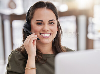 Buy stock photo Woman, portrait and online technical support in call center with agent at computer to help or chat. Happy, consultant and contact us for telecom customer care, advice or virtual feedback with tech