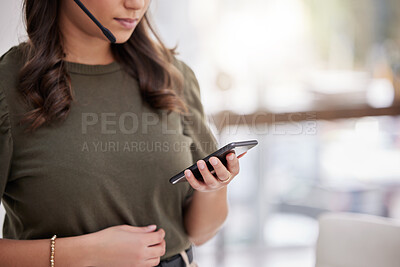 Buy stock photo Businesswoman, hands and cellphone in office for reading message, browsing and texting online with contact. Workplace, technology or call agent with smartphone for networking, social media or scroll