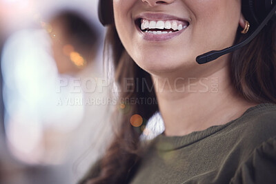 Buy stock photo Face, woman and happy as employee at call center with customer or client support and service. Female person, crm and advisor or consultant with smile or satisfied with mouth and microphone as agent