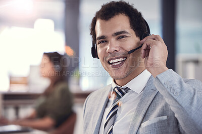 Buy stock photo Portrait, man and happy as employee at call center with customer or client support and service. Office, crm and advisor or consultant with smile or satisfied with job and career growth as agent