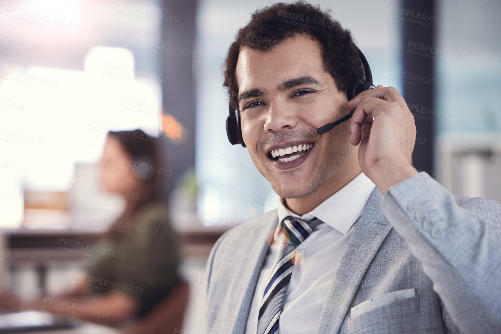 Buy stock photo Portrait, man and happy as employee at call center with customer or client support and service. Office, crm and advisor or consultant with smile or satisfied with job and career growth as agent