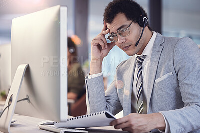 Buy stock photo Headache, agent and telemarketing by computer for target, tension and deadline in office. Call centre, man and frustrated with script for client, CRM and technical support at desk in company