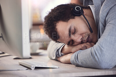Buy stock photo Man, sleep and burnout with call center, crm and anxiety for 404 mistake or glitch. Customer service agent, headset and contact us support with headache, problem and startup telecom employee