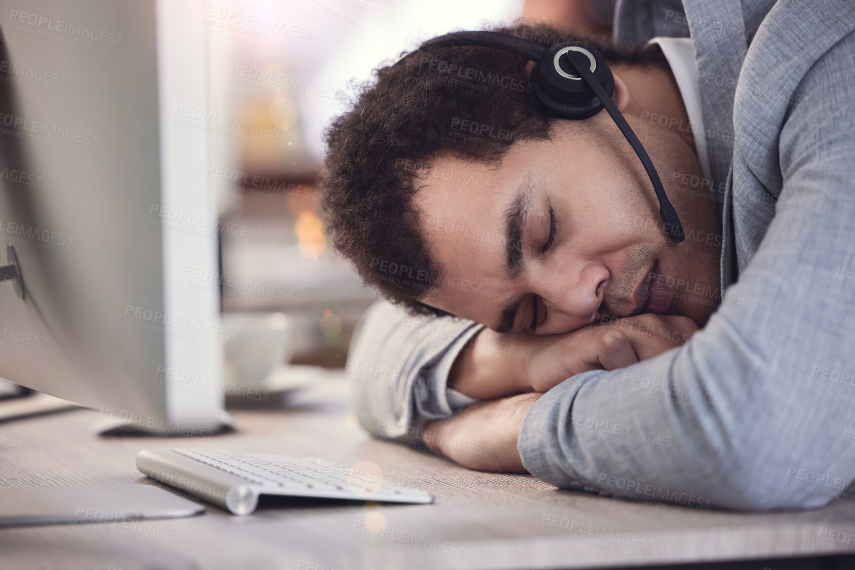 Buy stock photo Man, sleep and burnout with call center, crm and anxiety for 404 mistake or glitch. Customer service agent, headset and contact us support with headache, problem and startup telecom employee