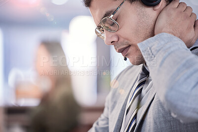 Buy stock photo Man, stress and neck pain with call center, crm and anxiety for 404 mistake or glitch. Customer service agent, headset or contact us support for headache, problem and startup telecom employee burnout