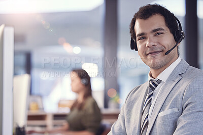 Buy stock photo Portrait, man and smile as employee at call center with customer or client support and service. Office, crm and advisor or consultant with happiness or satisfied with job and career growth as agent