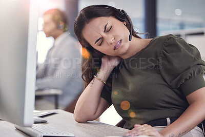 Buy stock photo Call center, neck pain and stress with woman at desk in telemarketing office for online assistance. Burnout, computer and fatigue with tired employee at work in customer support or service for help