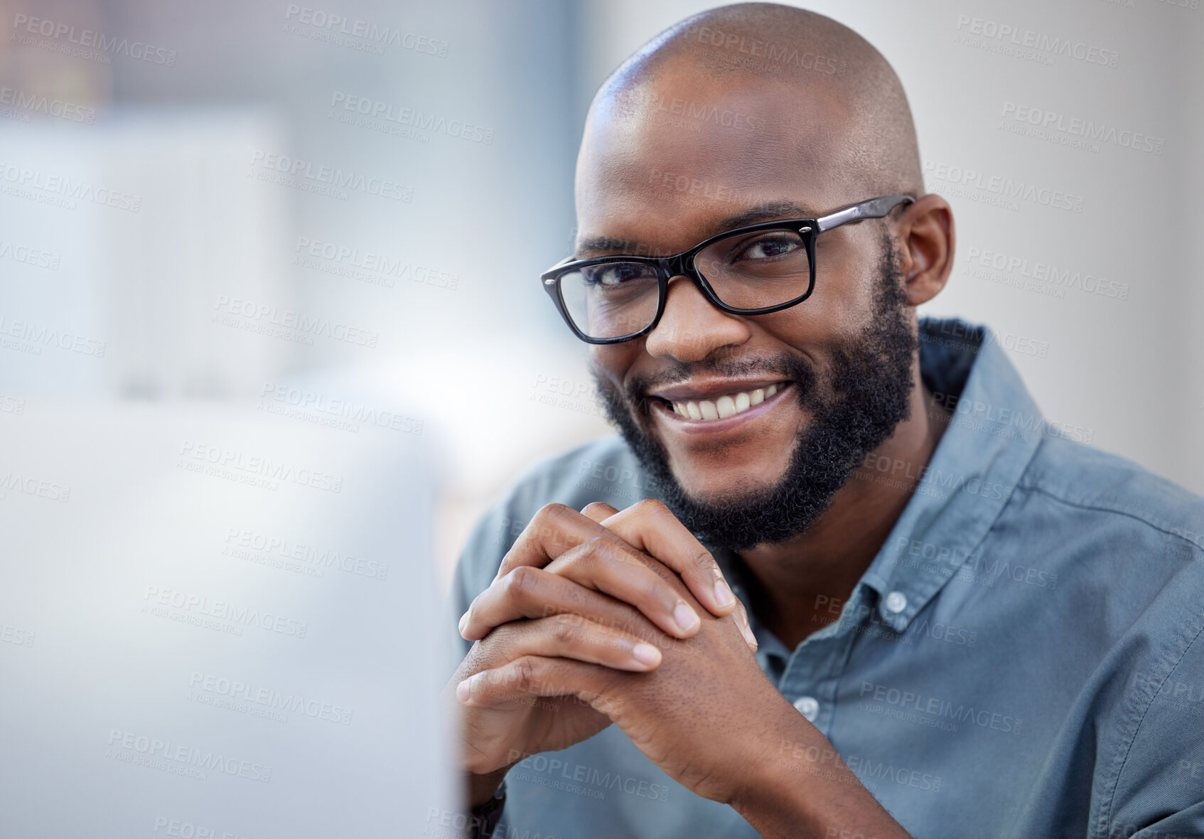 Buy stock photo Corporate, portrait and black man in office with glasses for happiness, confidence or positive in career. Company, professional and male person for startup, entrepreneur or business opportunity