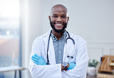 Buy stock photo Black man, doctor and portrait with smile in office with confidence for job in medical field with happiness. Healthcare expert, professional and stethoscope with pride in help for people with health 