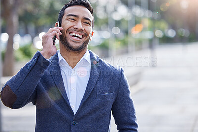 Buy stock photo Happy, businessman and fashion with smartphone for phone call, conversation and networking on commute to work. Excited, male employee and mobile with laughing, communication and connection in city