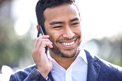 Buy stock photo Phone call, businessman and conversation on cellphone, city and communication and networking. Digital, virtual chat and smile for tech sales agent, b2b and company deal for negotiation on smartphone