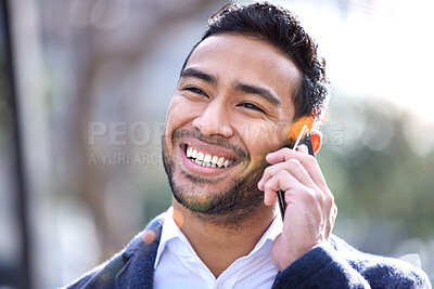 Buy stock photo Phone call, businessman and conversation on cellphone, city and communication and networking. Digital, virtual chat and smile for tech sales agent, b2b and deal for negotiation on smartphone   