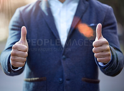 Buy stock photo Business man, thumbs up and agree in city, thank you and motivation for winner in outdoors. Male person, support and like emoji or sign for approval in urban town, feedback and review or promotion