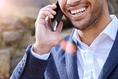 Buy stock photo City, smile or mouth of businessman in phone call talking, networking or speaking to chat in discussion. Closeup, salesman or happy entrepreneur in conversation, mobile communication or negotiation