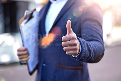 Buy stock photo Clipboard, checklist and thumbs up from inspector with hands to show compliance, approval or ok sign. Yes, agreement and professional success on site with inspection, review and opinion feedback