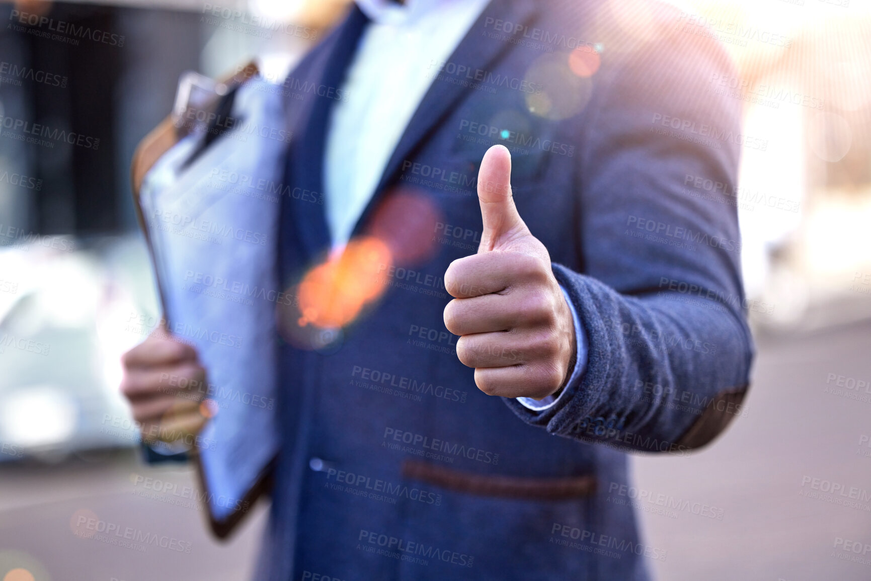 Buy stock photo Clipboard, checklist and thumbs up from inspector with hands to show compliance, approval or ok sign. Yes, agreement and professional success on site with inspection, review and opinion feedback