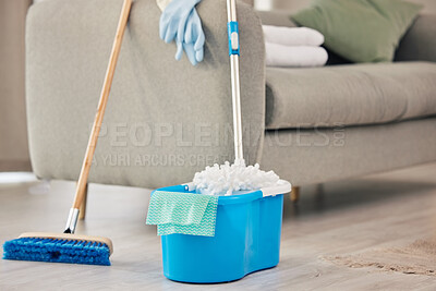 Buy stock photo Broom, mop or supplies for cleaning in home maintenance for germ protection, bacteria or safety. Background, cloth or housekeeping tools on dirty floor ready to begin or start chores in apartment
