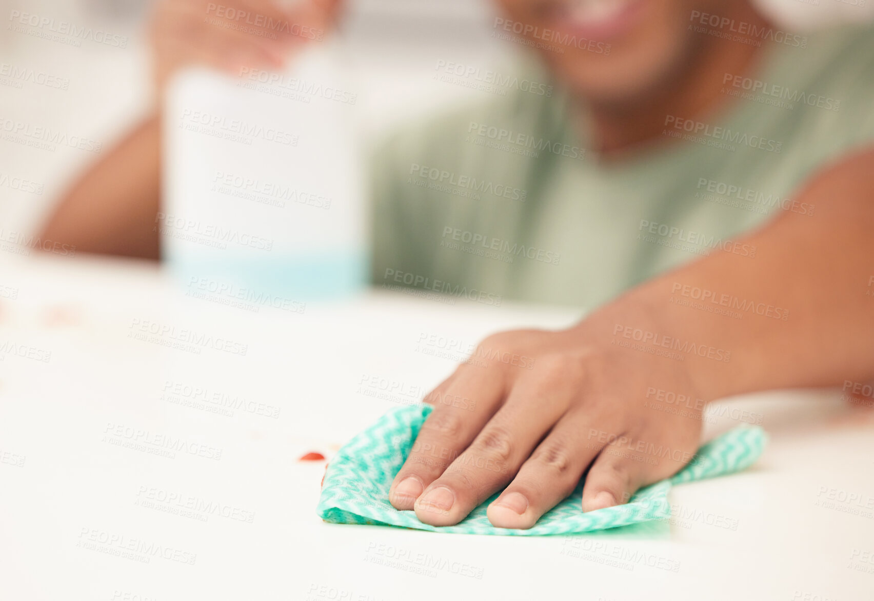 Buy stock photo Hands, person or cloth for cleaning surface of furniture in home for domestic or housework chores. Closeup, wipe or cleaner with spray bottle for clean hygiene, sanitary, dust or chemical solution