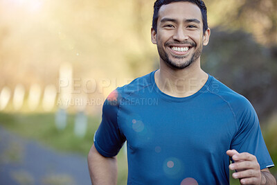 Buy stock photo Man, smile in portrait and running outdoor, fitness and cardio with marathon, sports and athlete in nature. Asian male runner, happy with bokeh, exercise and training for race with mockup space