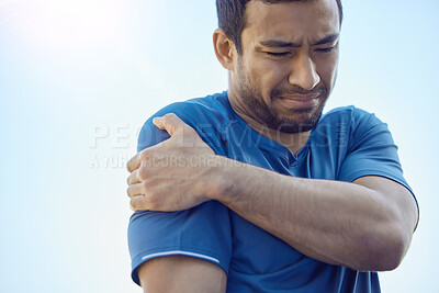 Buy stock photo Man, shoulder pain and outdoor for fitness, burnout and exercise with pain, inflammation and muscle tension. Person, athlete or runner with training, workout or accident with injury, stress or bruise