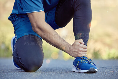 Buy stock photo Person, foot and ankle pain with hand as runner on mountain path for workout, massage or fitness. Shoes, street and hiking exercise or bone fracture with injury problem or accident, race or muscle