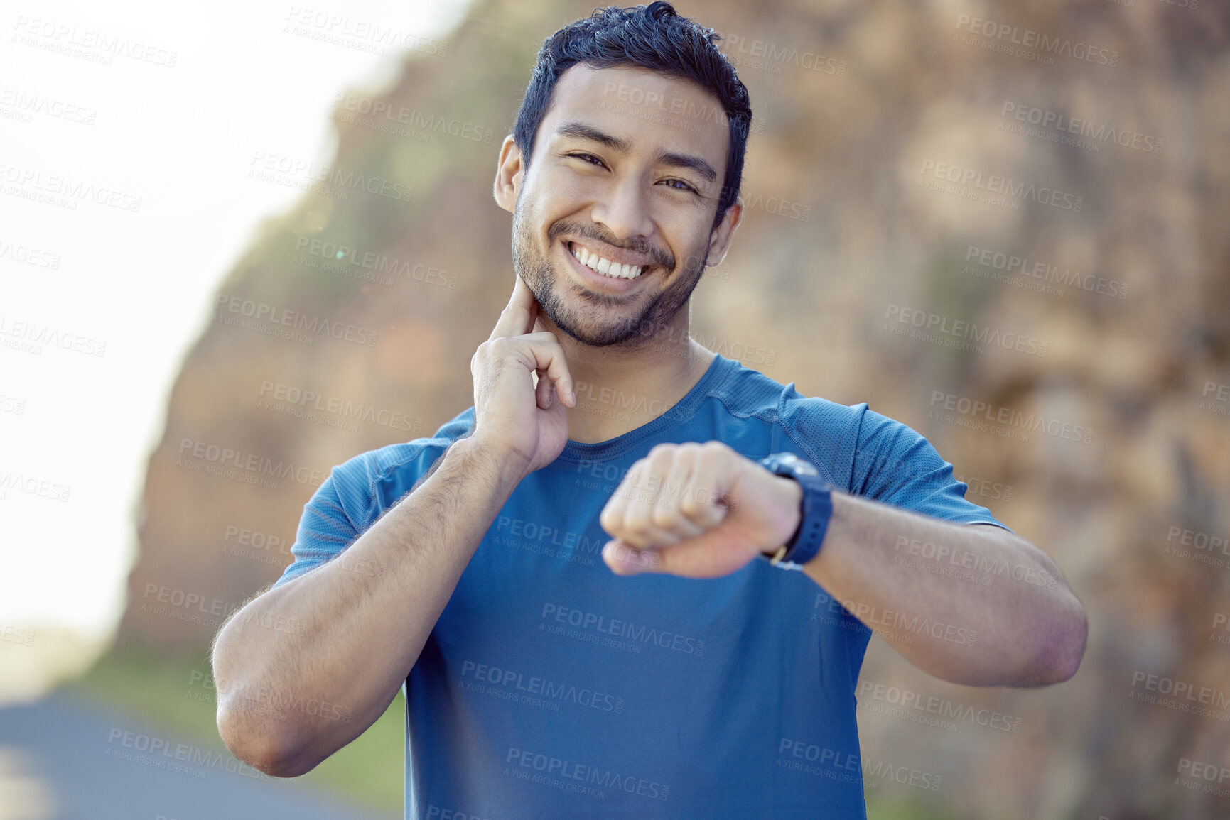 Buy stock photo Fitness, check pulse and portrait of asian man while training for race, marathon or running competition. Wellness, sport and happy person with smart watch for heart rate, cardio or outdoor workout