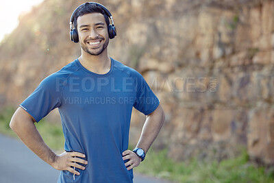 Buy stock photo Portrait, fitness and happy man in headphones outdoor for exercise music, streaming radio or listen to audio podcast. Face, confidence and person in nature for sport, summer or body health in Mexico