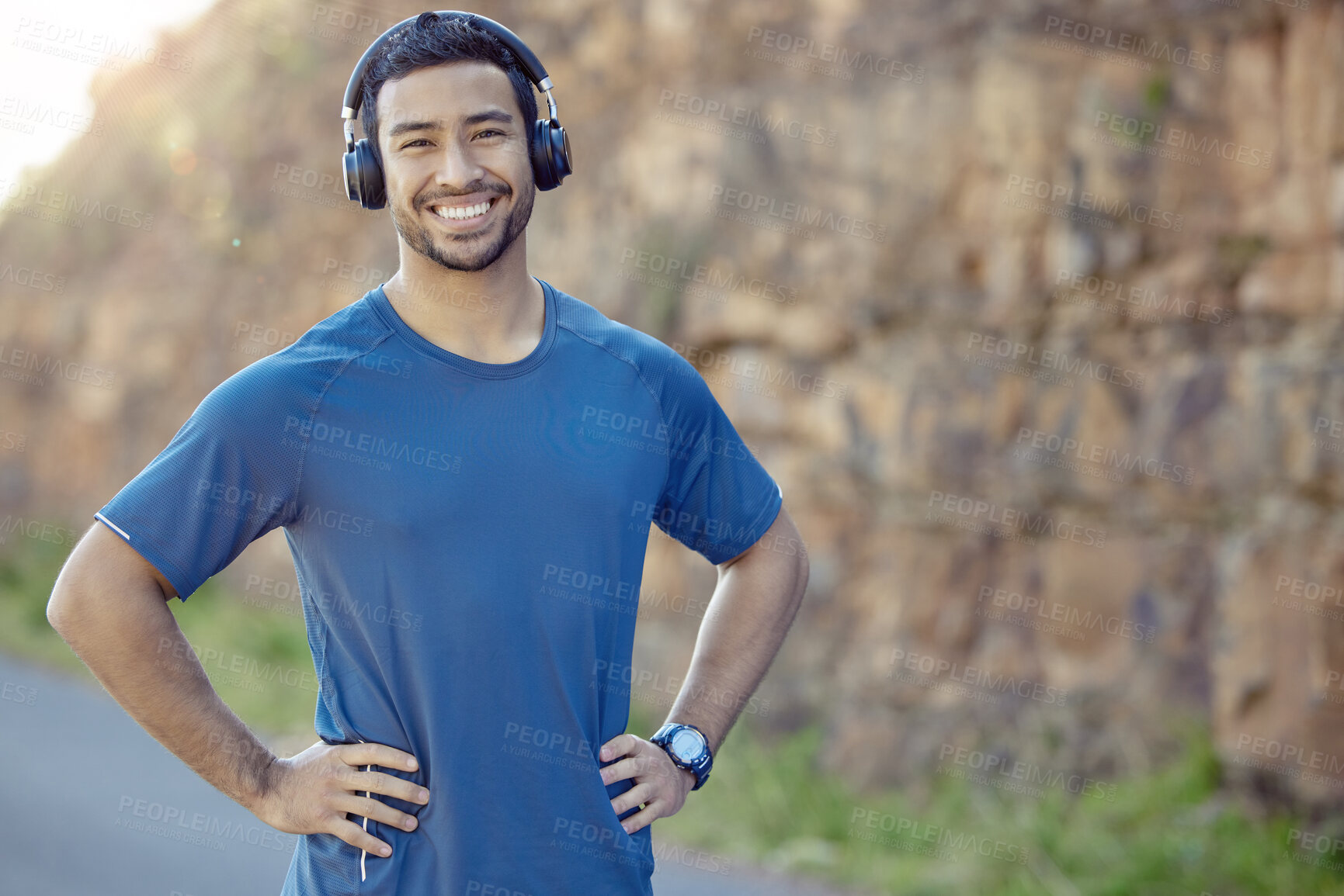 Buy stock photo Portrait, fitness and happy man in headphones outdoor for exercise music, streaming radio or listen to audio podcast. Face, confidence and person in nature for sport, summer or body health in Mexico