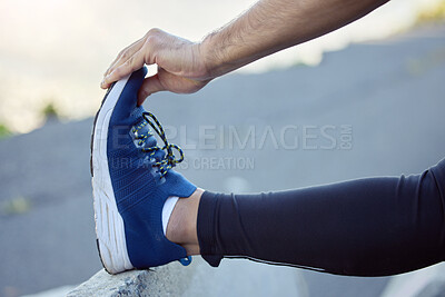 Buy stock photo Shoes, hands and stretching legs for run, fitness and man outdoor for exercise, cardio and healthy, active lifestyle. Sports, running sneakers and male person start workout with warm up for training