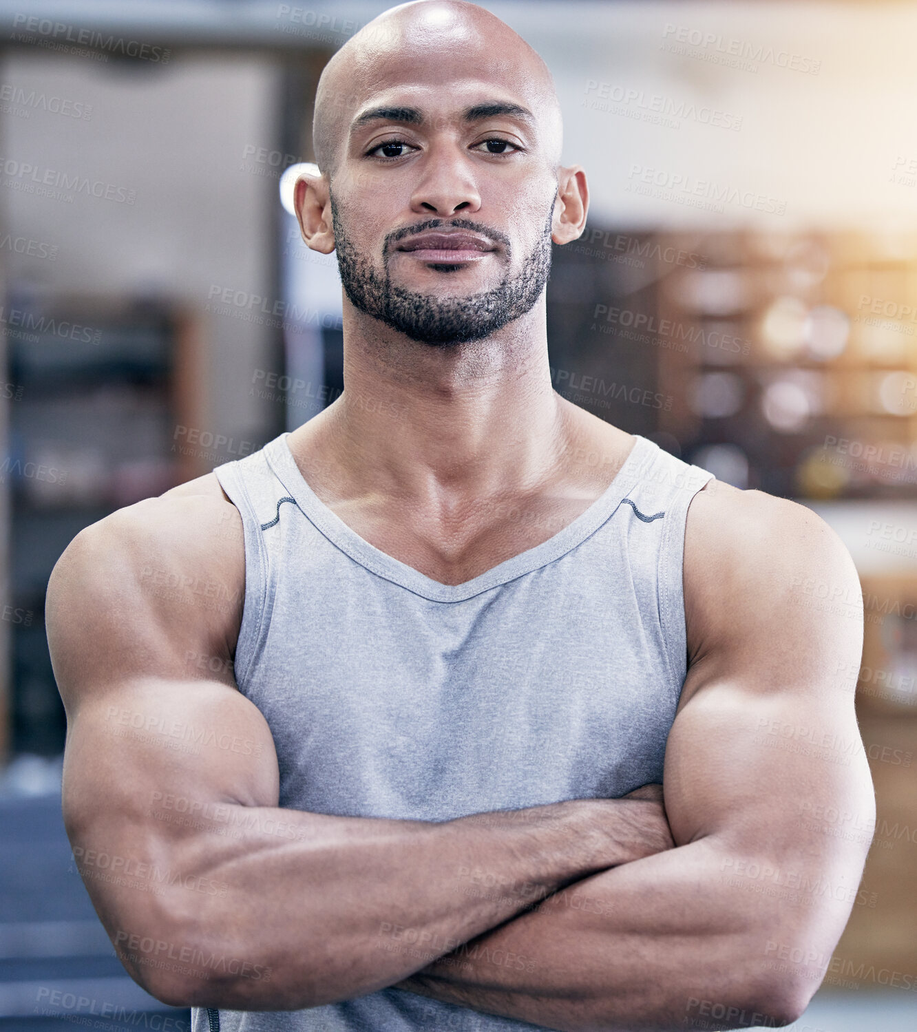 Buy stock photo Man, portrait and arms crossed in gym with serious for training client, strong body and health career. Pride, muscle and face of personal trainer in wellness club for workout, sport and bodybuilder