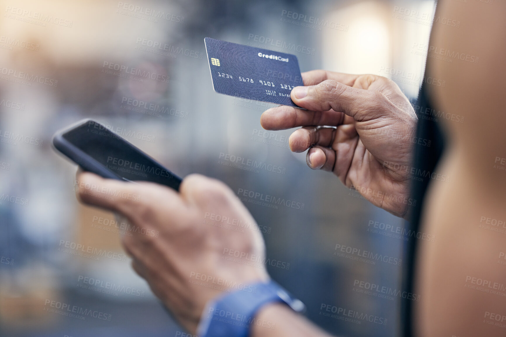 Buy stock photo Ecommerce, man with smartphone and credit card for payments at gym with a lens flare. Subscription or membership, closeup and male athlete with cellphone with bank information for online shopping