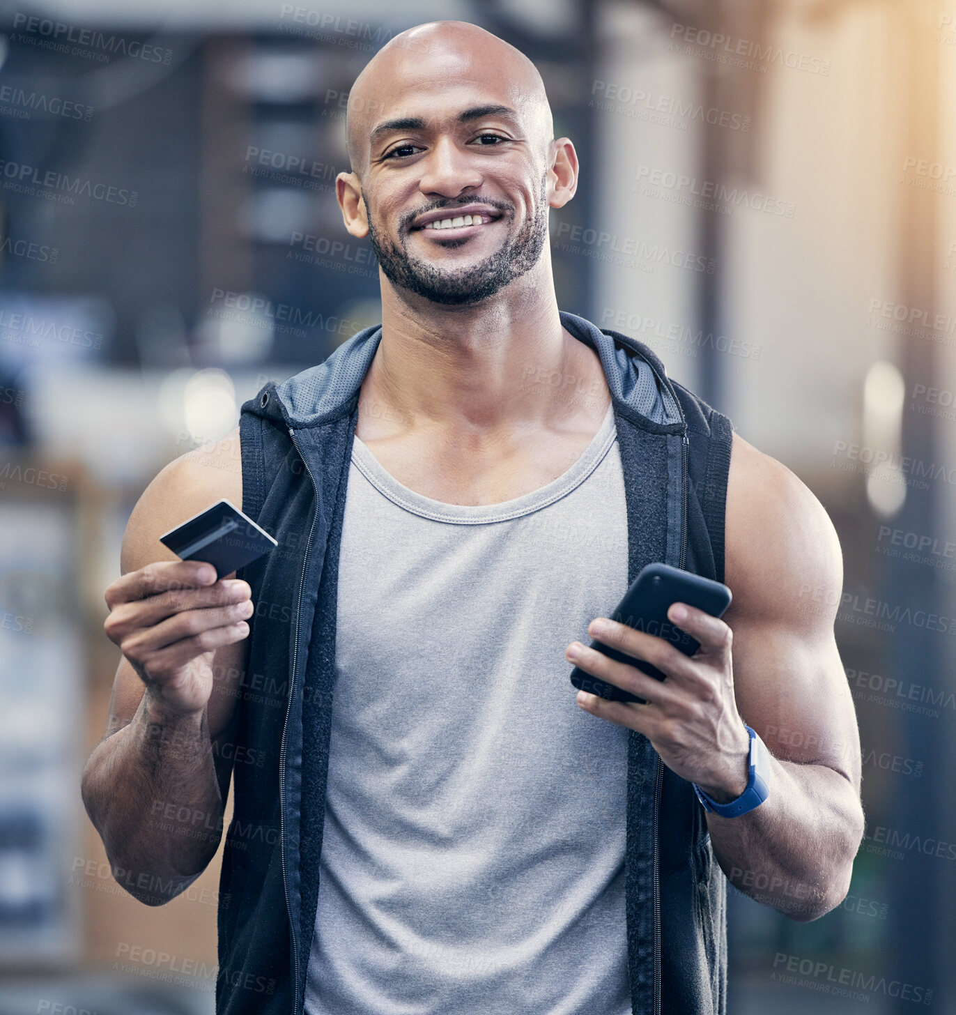 Buy stock photo Ecommerce, portrait of man with smartphone and credit card at the gym with a lens flare. Health wellness, workout and happy male athlete with cellphone for online shopping with bank information