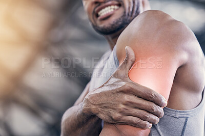 Buy stock photo Man, arm muscle and pain with red bicep in gym from workout or exercise with joint hurt for fitness. Tension, training and swollen with glow from intense weightlifting with physical therapy in body