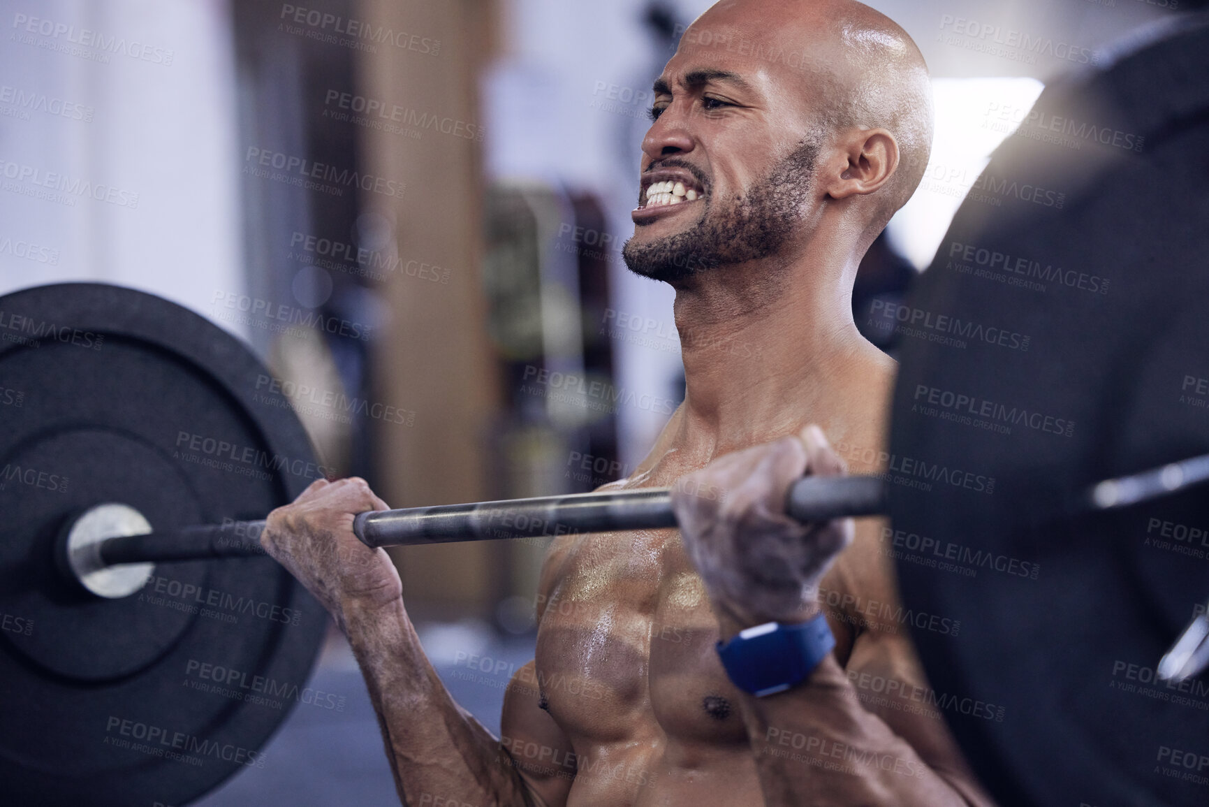 Buy stock photo Man, barbell or weight in gym for training, fitness and exercise to gain muscle for health, strength and wellness. Male person, bodybuilder or athlete lifting iron for workout, sports and power